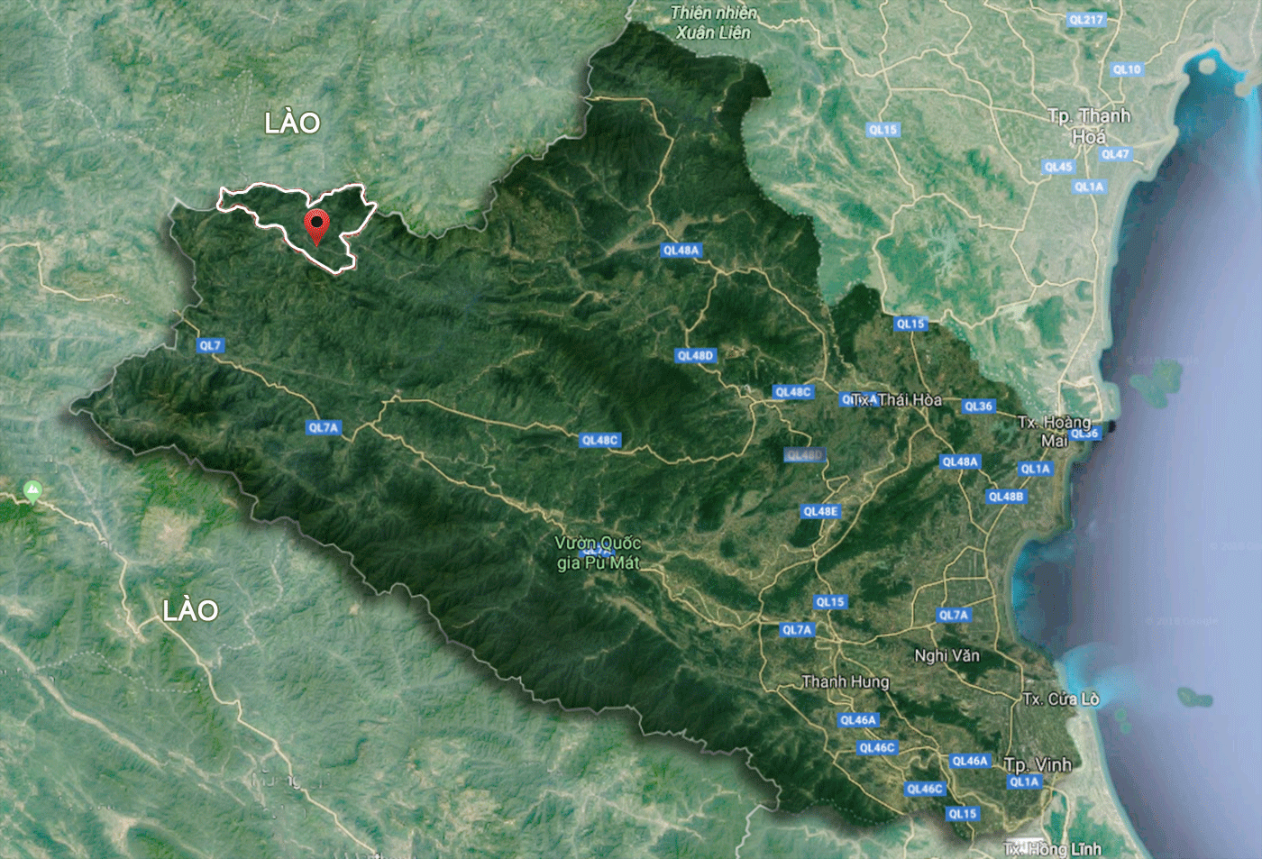 Vị trí xã Mỹ Lý (Kỳ Sơn) trên bản đồ tỉnh Nghệ An. Ảnh: maps.google.com