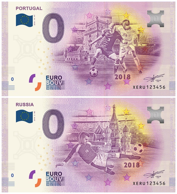 Theo đơn đặt hàng của Mietens - công ty chuyên bán tiền lưu niệm sưu tầm của Đức, công ty Euro Banknote Memory (Pháp) đã in bộ tiền lưu niệm World Cup 2018 mệnh giá tượng trưng 0 euro của đầy đủ 32 đội tham gia. Ví dụ trong ảnh là tờ tiền của Bồ Đào Nha và Nga.