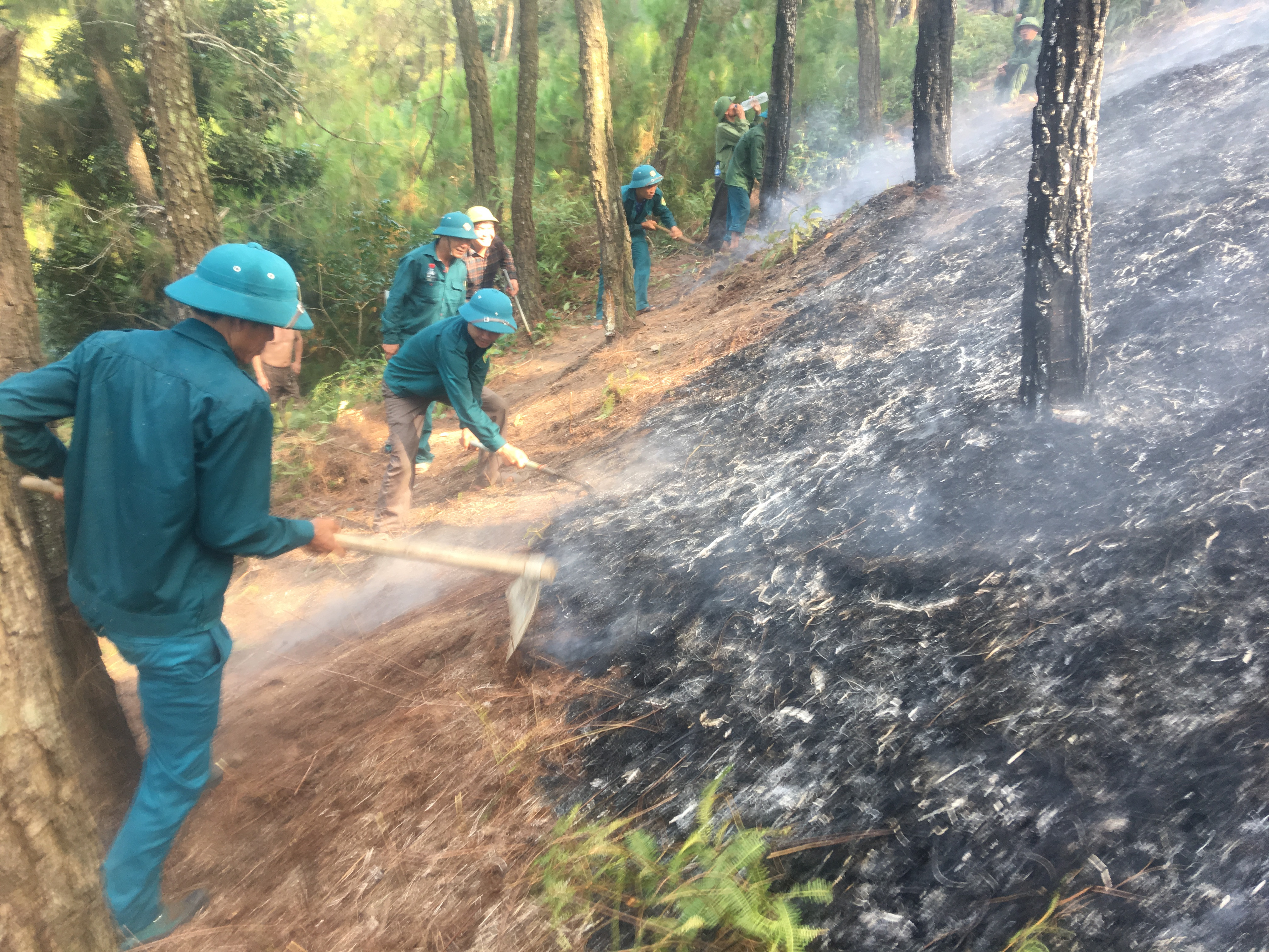 Các lực lượng được huy động kịp thời để dập lửa cứu rừng.Ảnh: Nguyễn Minh