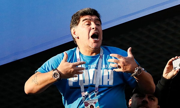 Maradona có mặt ở Nga để theo dõi tất cả các trận đấu của tuyển Argentina tại World Cup 2018. Ảnh: Reuters.