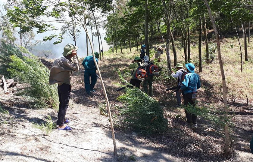 Các lực lượng chữa cháy không quản nắng gió lên rừng dập lửa. Ảnh: Huy Thư