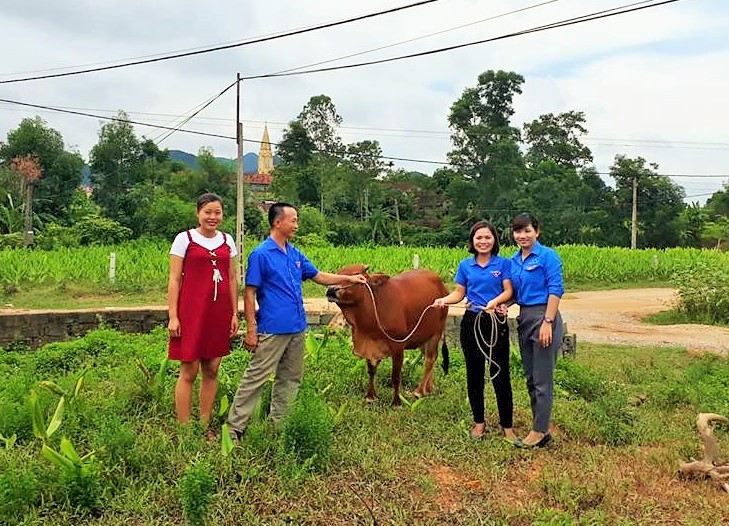 Trao bê giống cho đoàn viên Tân Kỳ phát triển chăn nuôi. Ảnh: Phạm Hường