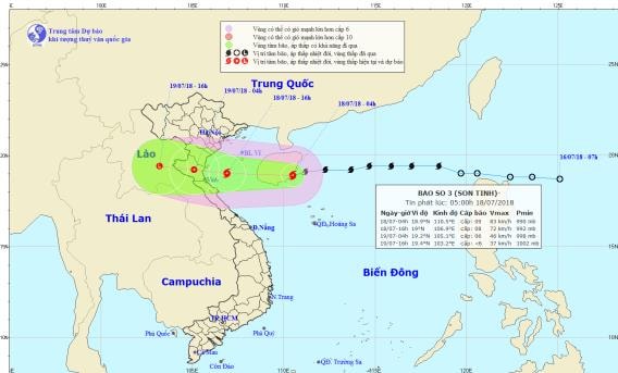 Đường đi và vị trí cơn bão. Ảnh: TT DB KTTV QG