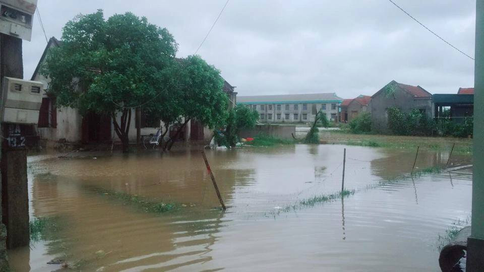 Nước ngập nhiều khu dân cư ở xã Quỳnh Thanh, huyện Quỳnh Lưu. Ảnh: Trần Vũ.