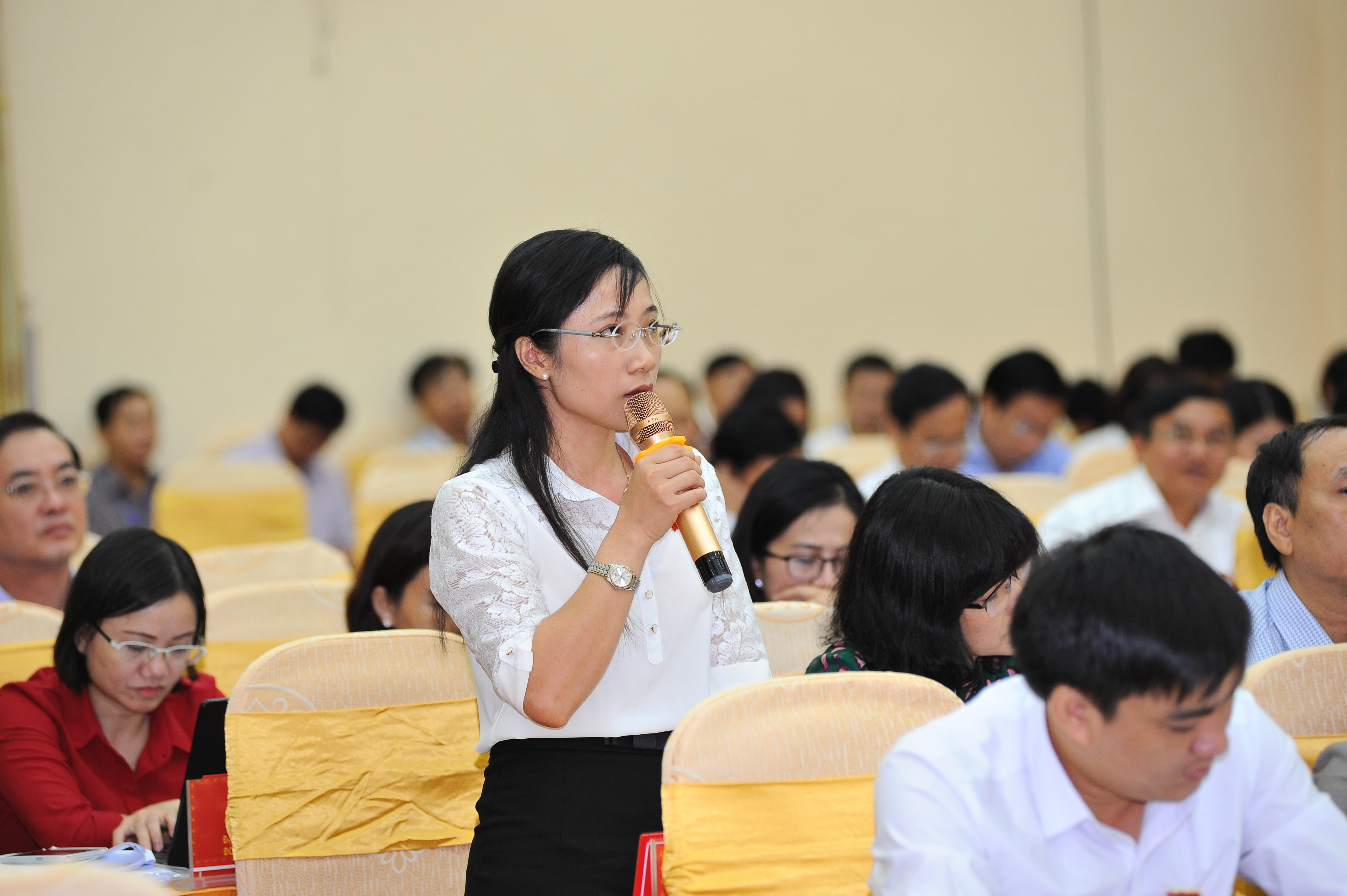 Bà Đinh Thị An Phong, đại biểu huyện Nghi Lộc phát biểu ý kiến. Ảnh: Thành Cường