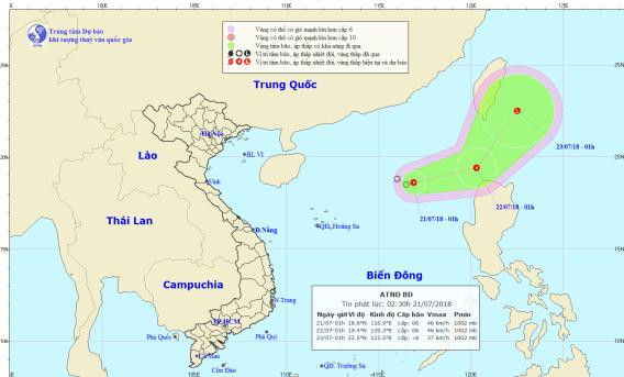 Đường đi và vị trí áp thấp nhiệt đới trên Biển Đông. Ảnh: TT DB KTTV QG