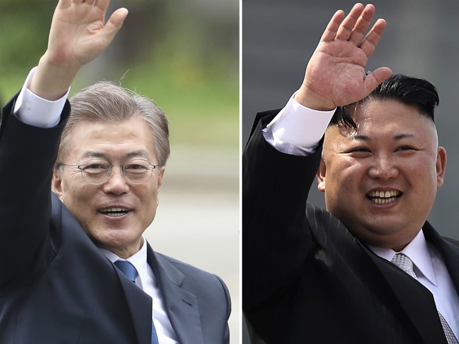 Tổng thống Hàn Quốc Moon Jae-in và nhà lãnh đạo Triều Tiên Kim Jong-un. Ảnh: National Post