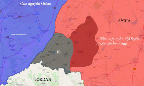 Phiến quân IS chỉ còn kiểm soát một khu vực nhỏ nằm giữa biên giới Jordan và Cao nguyên Golan. Đồ họa: SyrianCivilWarMap.