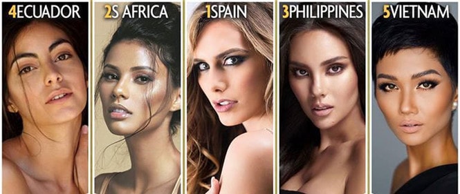 Top 5 của Miss Universe 2018 được cho là sẽ gồm các thí sinh của Tây Ban Nha, Nam Phi, Ecuador, Philippines và Việt Nam /// Ảnh: Fanpage Missosology