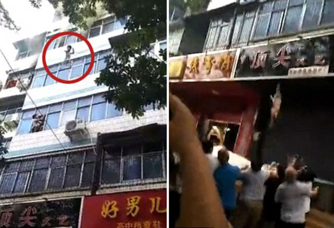 Hai đứa trẻ rơi từ trên cửa sổ xuống nhưng không hề hấn gì sau trận hỏa hoạn sáng 3/8 ở tỉnh Hà Nam, Trung Quốc. Ảnh cắt từ video.