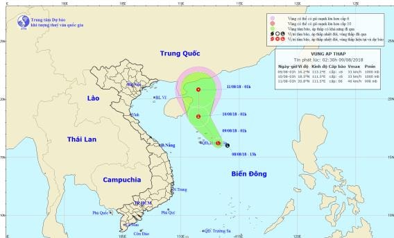 Đường đi và vị trí của vùng áp thấp. Ảnh: TT DB KTTV TW