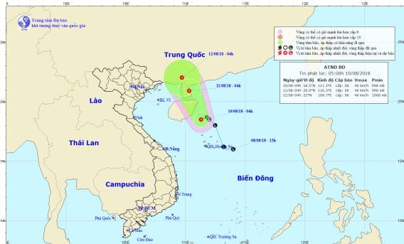 Vị trí và đường đi của áp thấp nhiệt đới. Ảnh: TT DB KTTV TƯ