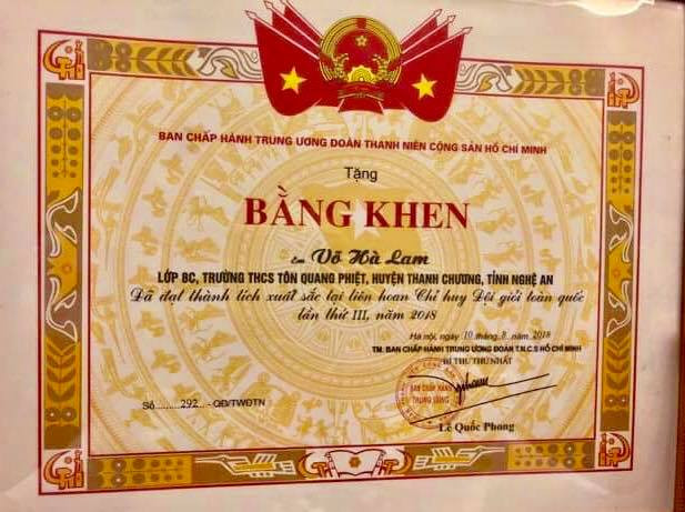 Bằng khen của Trung ương Đoàn trao tặng em Võ Hà Lam. Ảnh: NVCC