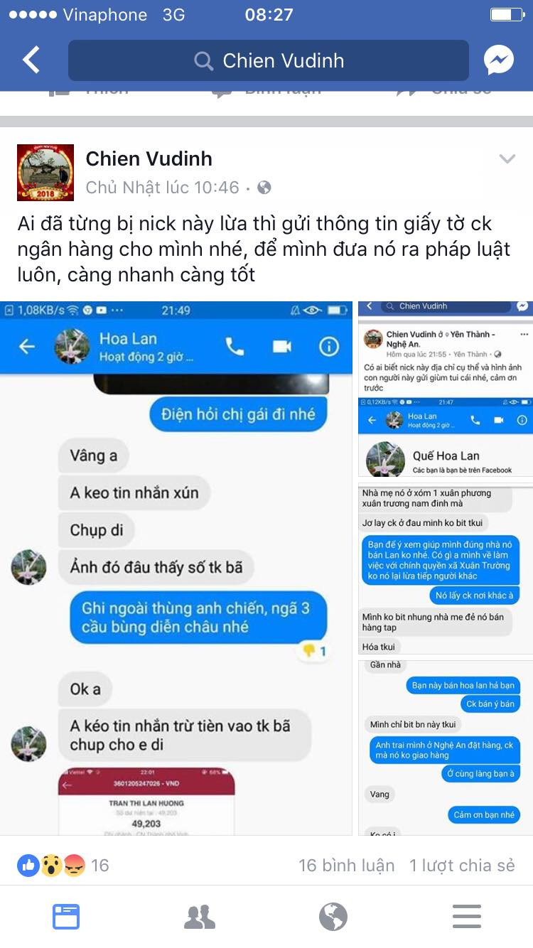 Facebook Vũ Đình Chiến tố bị lừa mua cây cảnh qua mạng. 