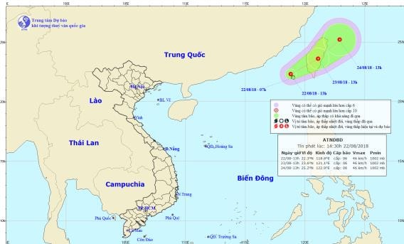 Đường đi và vị trí áp thấp nhiệt đới trên Biển Đông. Ảnh: TT DB KTTV TƯ