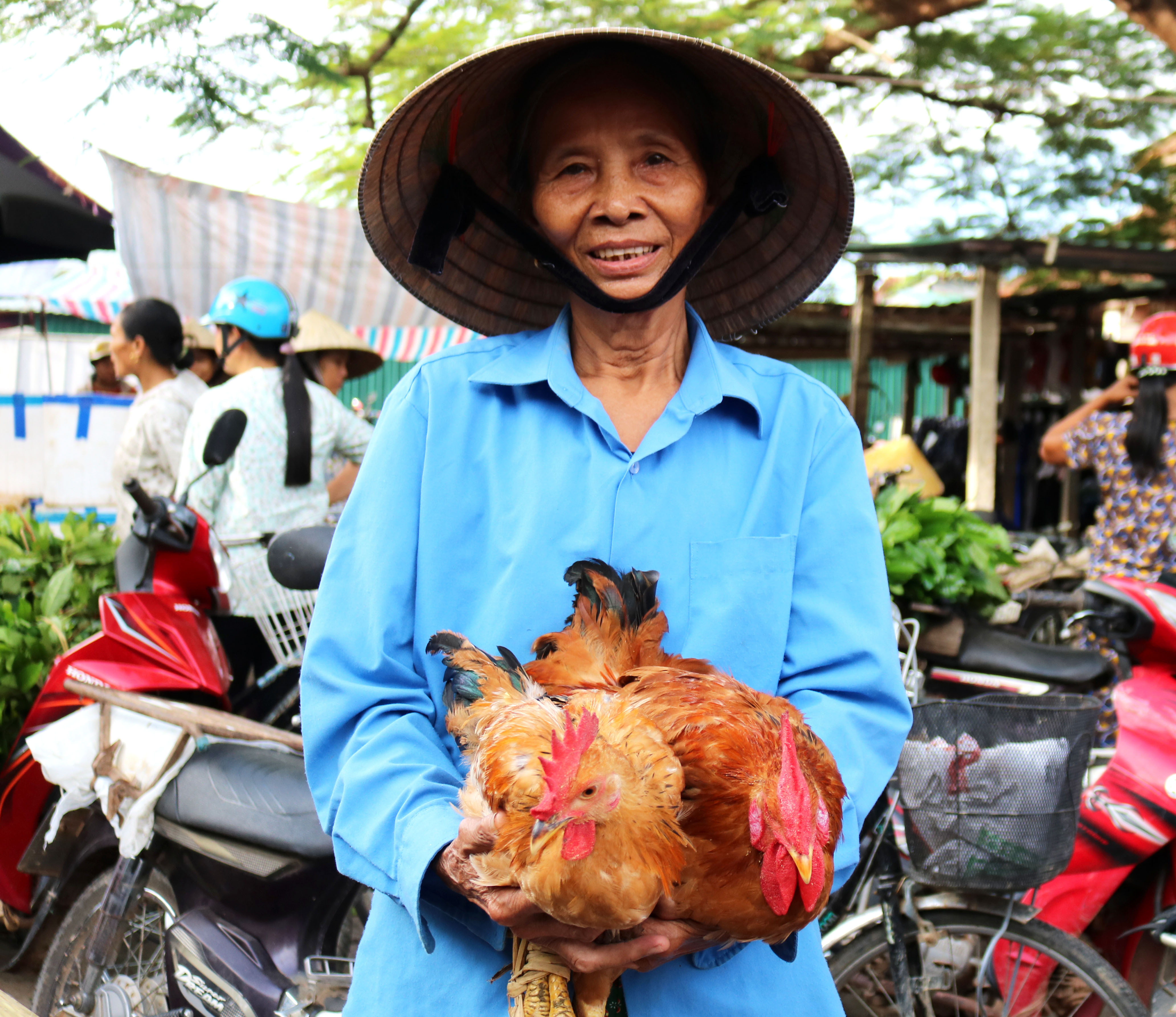 Dù mâm cỗ ngày Rằm có nhiều món ngon, nhưng không thể thiếu “xôi hông, gà luộc”, do đó người đi chợ Rằm thường tìm mua cho được gà giò để về làm cỗ. Trog ảnh: Một bà cụ vui mừng vì mua được một cặp gà giò vừa ý. Ảnh: Huy Thư