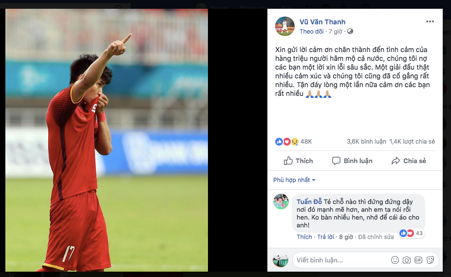 Xin gửi lời cảm ơn chân thành đến tình cảm của hàng triệu người hâm mộ cả nước, chúng tôi nợ các bạn một lời xin lỗi sâu sắc. Một giải đấu thật nhiều cảm xúc và chúng tôi cũng đã cố gắng rất nhiều. Tận đáy lòng một lần nữa cảm ơn các bạn rất nhiều 🙏🏼🙏🏼🙏🏼
