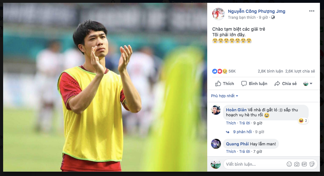 Sang năm, các cầu thủ sinh năm 1995 và 1996 như Công Phượng sẽ chia tay lứa tuổi U23, tiền đạo xứ Nghệ chỉ chia sẻ một dòng trạng thái rất ngắn và súc tích: 