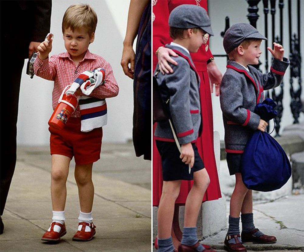 Hình ảnh dễ thương của Hoàng tử William trong ngày đầu tiên đến trường mẫu giáo năm 1985 (ảnh trái). Hai anh em hoàng tử William - Harry cao xấp xỉ nhau xuất hiện vui vẻ và đáng yêu khi đón khai trường ở London năm 1989.