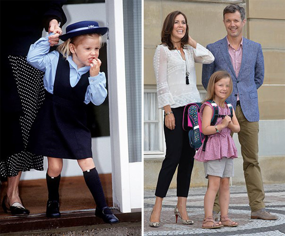 Con gái lớn của Hoàng tử Andrew và công nương Sarah Ferguson - công chúa Beatrice xuất hiện với khuôn mặt tinh nghịch và đáng yêu trong ngày đầu đi học tại nhà trẻ Upton House ở Windsor, Anh năm 1991 (ảnh trái). Công chúa Đan Mạch Isabella mỉm cười rạng rỡ trong ngày đầu tiên đi học ở trường Tranegård tại Copenhagen năm 2013.