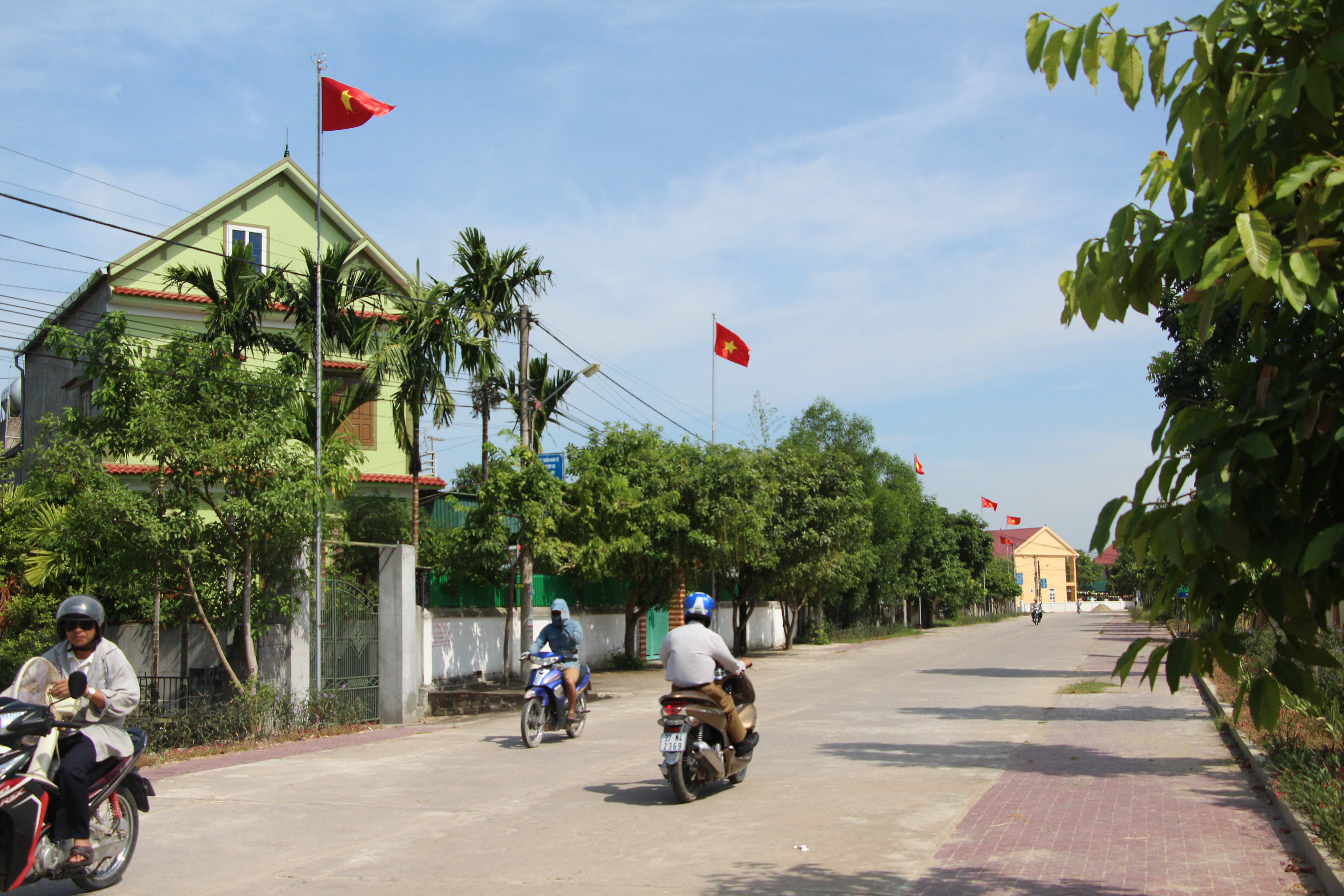 Những lá cờ tung bay trên làng quê Hưng Tân. Ảnh: Đào Tuấn 