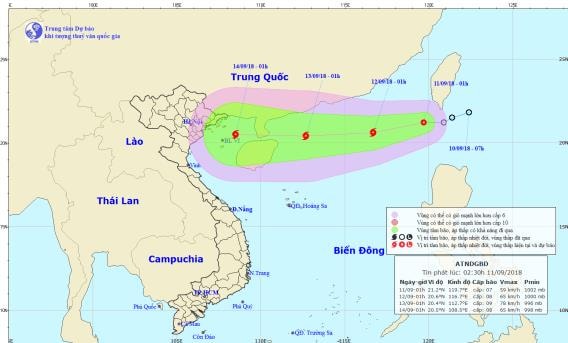 Đường đi và vị trí của áp thấp nhiệt đới. Ảnh: TT DB KTTV TW