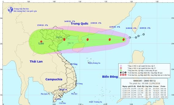 Đường đi và vị trí của bão số 5 - bão BARIJAT. Ảnh: TT DB KTTV TW