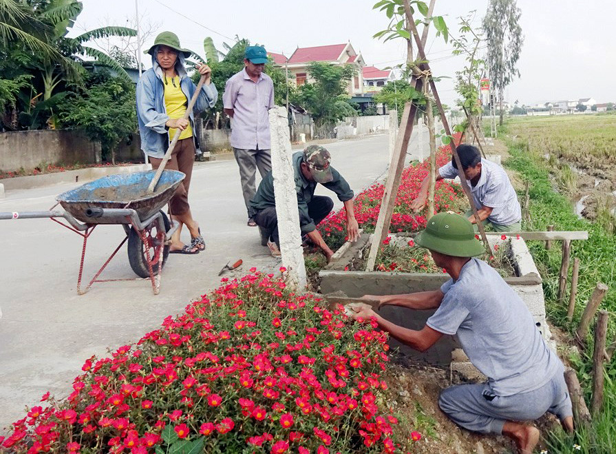 Các loại hoa khác cũng được người dân Thọ Thành đem trồng là chiều tím, vạn thọ, hoa rau sam, mười giờ... Những con đường hoa tạo cảnh quan xanh mát, tô điểm thêm làng quê nông thôn mới. Người dân cùng chung tay trồng, chăm sóc công trình chung của xóm còn giúp thắt chặt thêm tình làng nghĩa xóm. Ảnh: Quỳnh Trang