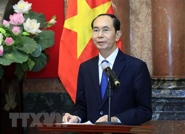 Chủ tịch nước Trần Đại Quang phát biểu tại buổi gặp mặt Đoàn đại biểu cán bộ, chiến sỹ Cảnh sát biển đồng hành cùng ngư dân. Ảnh: Nhan Sáng/TTXVN