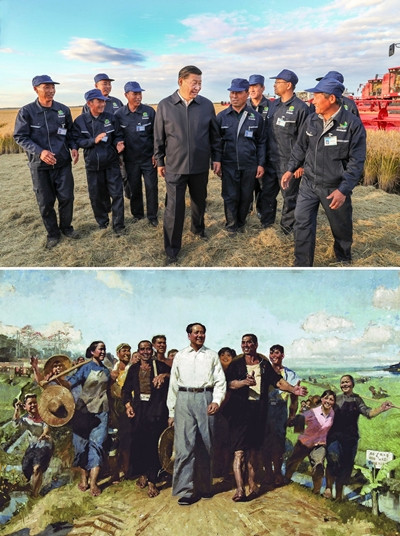 Sự tương đồng giữa ảnh ông Tập đi thị sát ở đông bắc Trung Quốc vào tháng này và áp phích tuyên truyền vẽ hình Mao Trạch Đông cùng nông dân những năm 1950. Ảnh: Xinhua/ UIG.