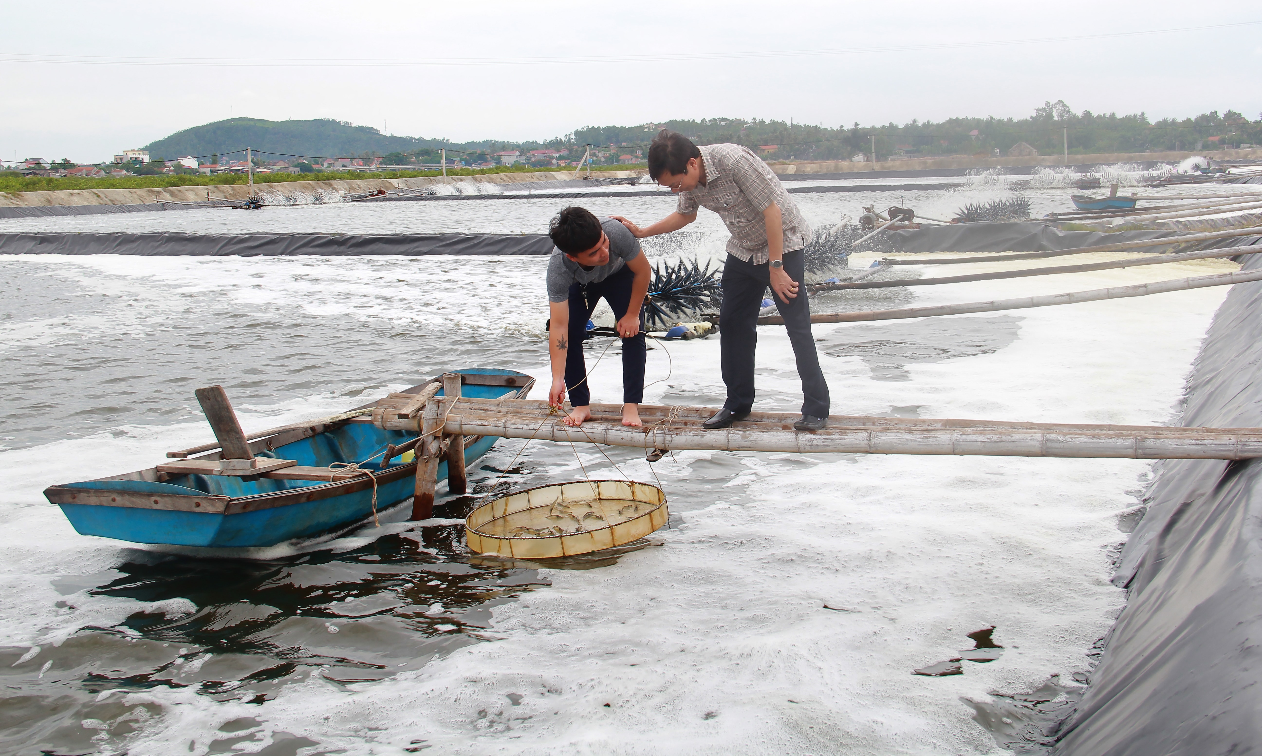 Đồng chí Nguyễn Hữu Nhị- Chủ tịch Hội Nông dân tỉnh Nghệ An thăm trại nuôi tôm của ông Nguyễn Hồng Cương (phường Quỳnh Dị, thị xã Hoàng Mai). Ảnh: H.M