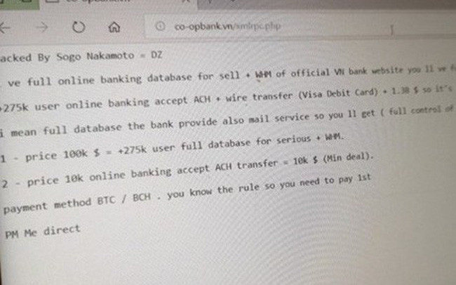 Hình ảnh hacker để lại trên giao diện wesbite của Ngân hàng Hợp tác xã
