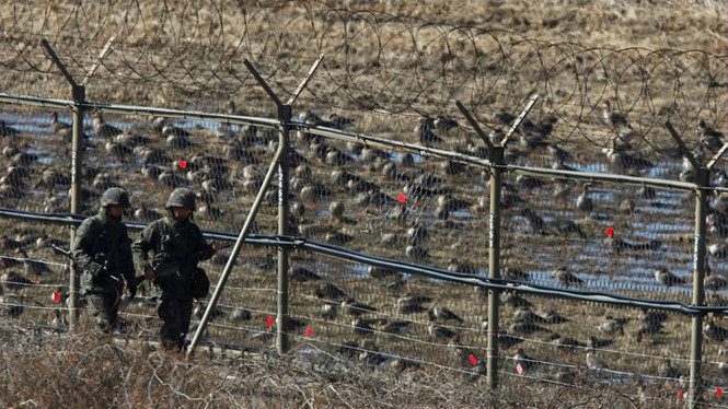 Lính Hàn Quốc tuần tra tại vùng phi quân sự (DMZ). Ảnh: Reuters