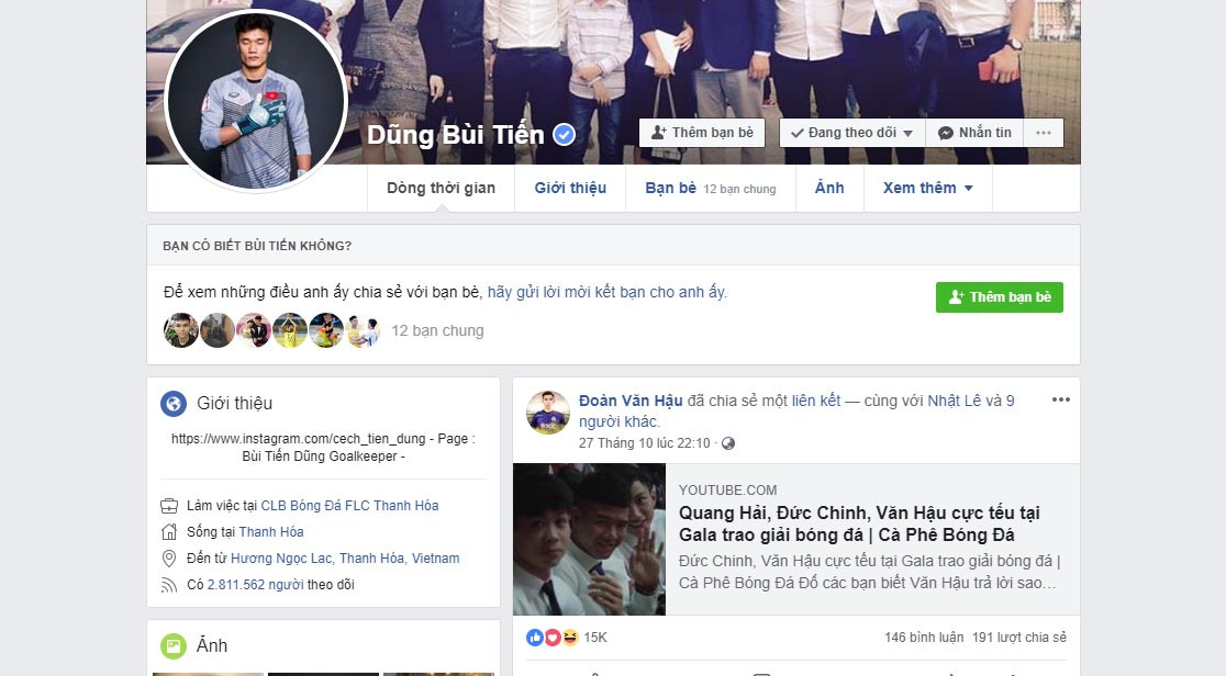 Thủ môn Bùi Tiến Dũng dẫn đầu U23 Việt Nam trên mạng xã hội Facebook. 