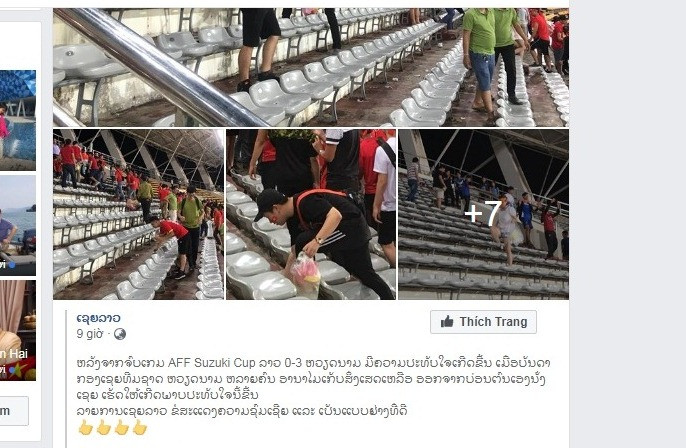 Mạng xã hội ở Lào chia sẻ và khen ngợi hình ảnh đẹp của các cổ động viên Việt Nam sau trận đấu. Ảnh: Lang Quốc Khánh