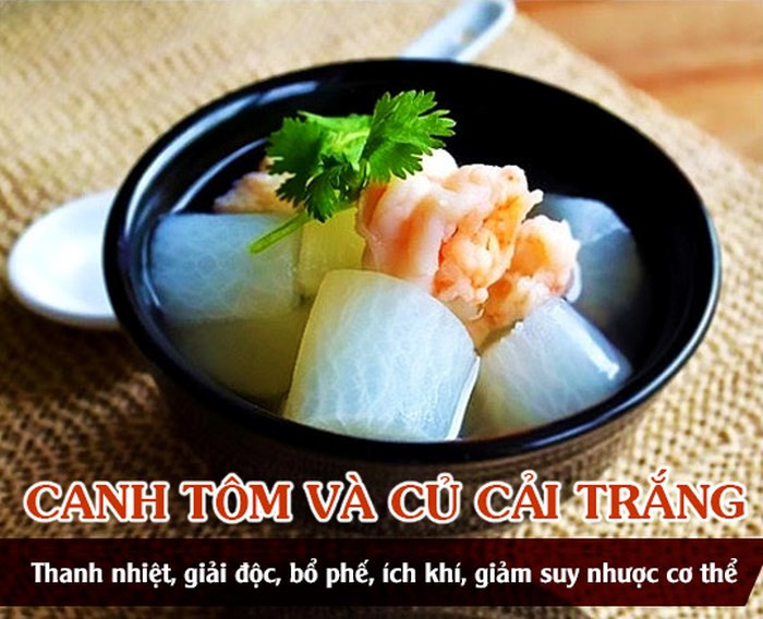 Canh tôm củ cải trắng giúp bổ phế, giải độc, trị viêm mũi hiệu quả.