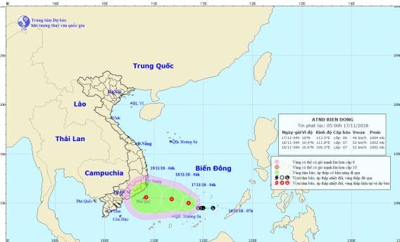 Đường đi và vị trí của của áp thấp nhiệt đới. Ảnh: TT DB KTTV TW