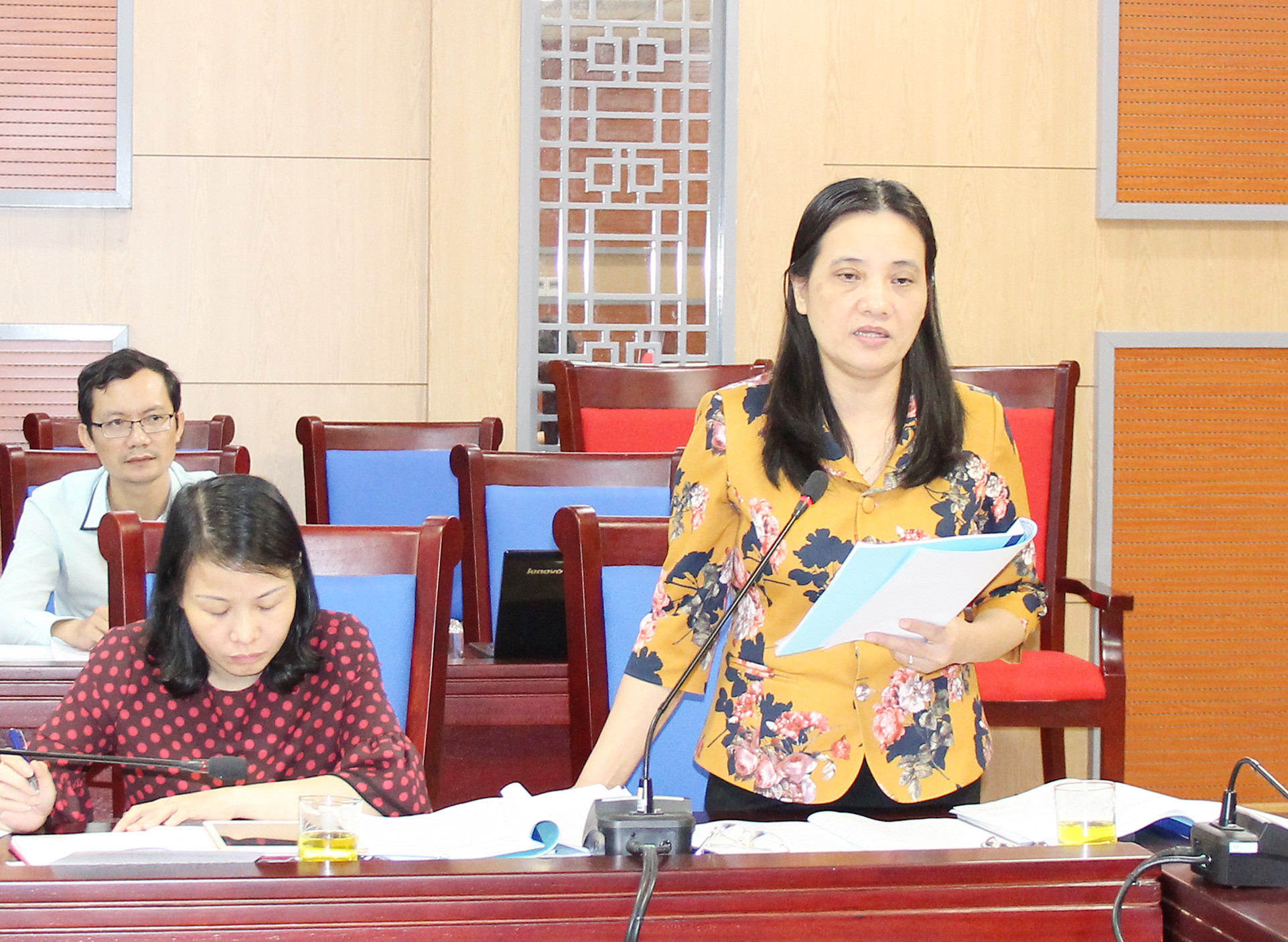 Phó Chủ tịch HĐND tỉnh Cao Thị Hiền tham gia ý kiến tại cuộc họp. Ảnh: Minh Chi