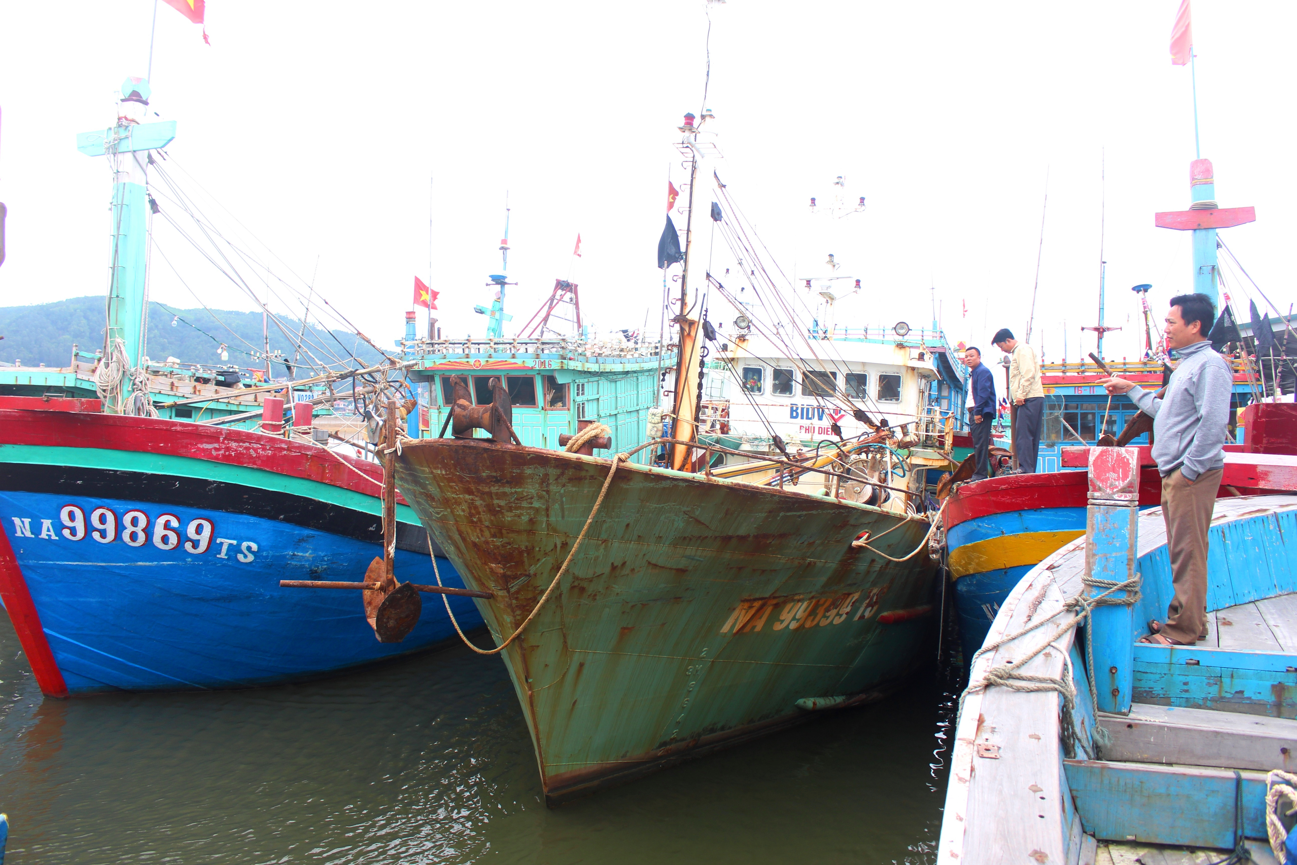 : Hơn 3 tháng trở lại đây, 12 tàu cá 67 của ngư dân phường Quỳnh Phương, thị xã Hoàng  Mai (Nghệ An) phải nằm bờ do đánh bắt không hiệu quả. Ảnh: Việt Hùng.