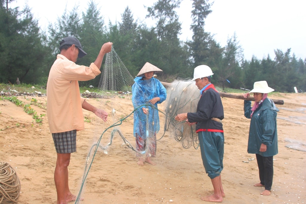 Sau khi gỡ cá ra, ngư dân thu gom lưới để chuẩn bị cho mẻ lưới tiếp theo; mỗi ngày bà con kéo 2- 3 lần. Ảnh: Việt Hùng