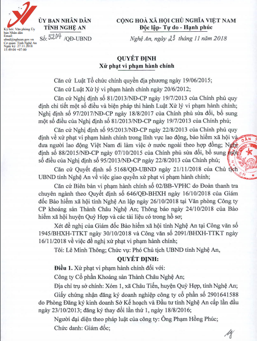 Quyết định xử phạt vi phạm hành chính đối với Công ty CP Khoáng sản Thành Châu Nghệ An. 