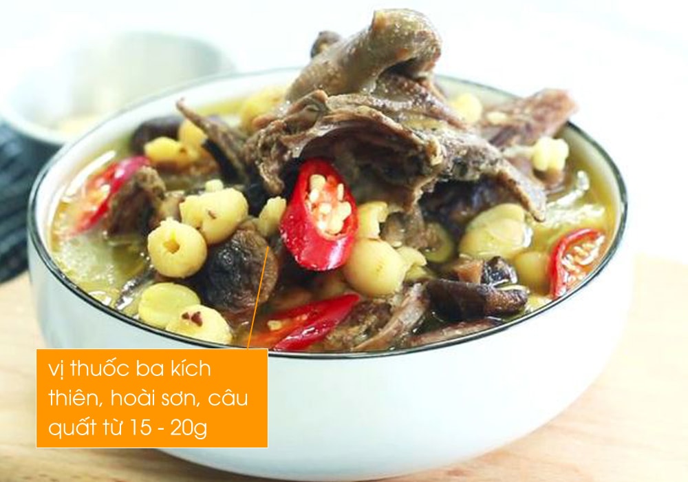6. Bồ câu hầm: Làm sạch, mổ bỏ ruột ngũ tạng, rồi nhét vào bụng bồ câu các vị thuốc ba kích thiên, hoài sơn, câu quất từ 15 - 20g, cho vào nồi nước ninh nhừ, mỗi tuần ăn 1 đến 2 bữa. Rất tốt cho người có tính nhiệt hoặc có các bệnh về thận.
