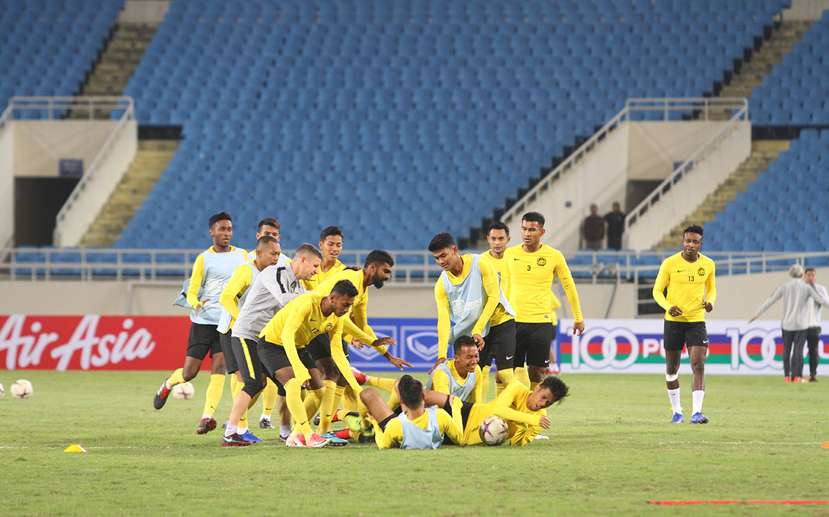 Bị chọc thủng lưới 2 bàn trên sân nhà, Malaysia vẫn đầy tự tin khi làm khách Mỹ Đình. Ảnh: Trung Kiên