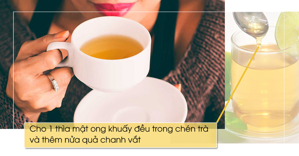 Trà và mật ong được xem như những loại thần dược giúp bạn nhanh chóng loại bỏ cảm giác đau họng. Hãy cho 1 thìa mật ong khuấy đều trong chén trà và thêm nửa quả chanh vắt các cơn ho và đau họng sẽ giảm.