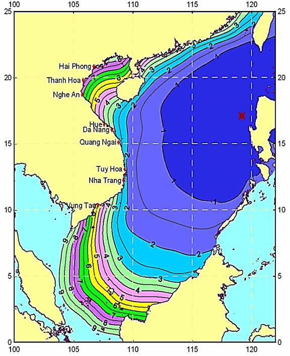 Thời gian lan truyền sóng thần từ vùng khu vực đới hút chìm Manila tới vùng bờ biển Việt Nam