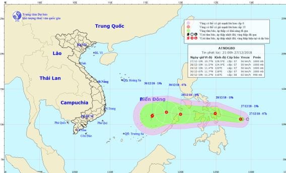 Đường đi và vị trí của áp thấp nhiệt đới. Ảnh: TT DB KTTV TW