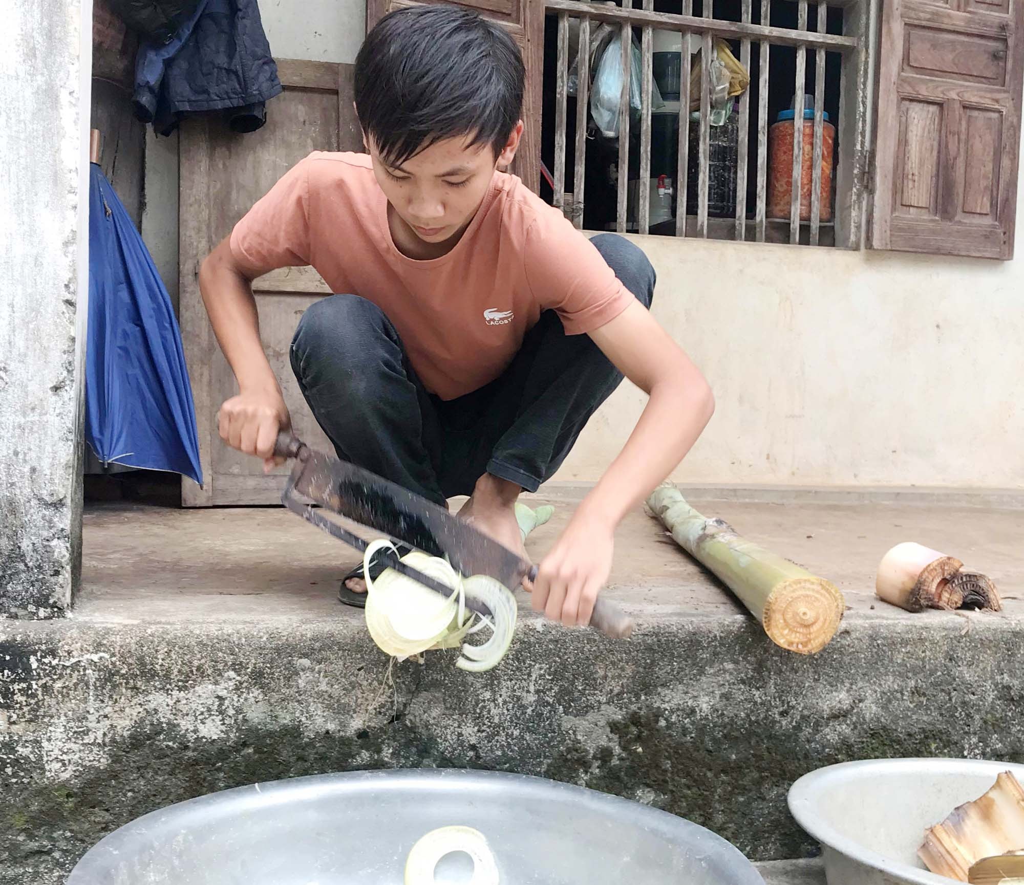 Sau buổi học, Trần Viết Thành giúp ông thái cây chuối làm thức ăn cho gà và chăm sóc vườn rau. Ảnh: Minh Thái