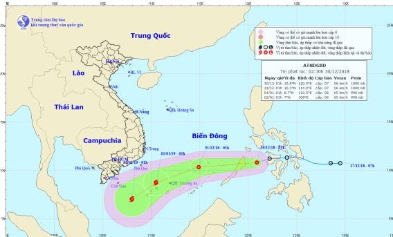Đường đi và vị trí của áp thấp nhiệt đới. Ảnh: TT DB KTTV TW