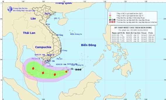 Đường đi và vị trí của áp thấp nhiệt đới. Ảnh: TT DB KTTV TW