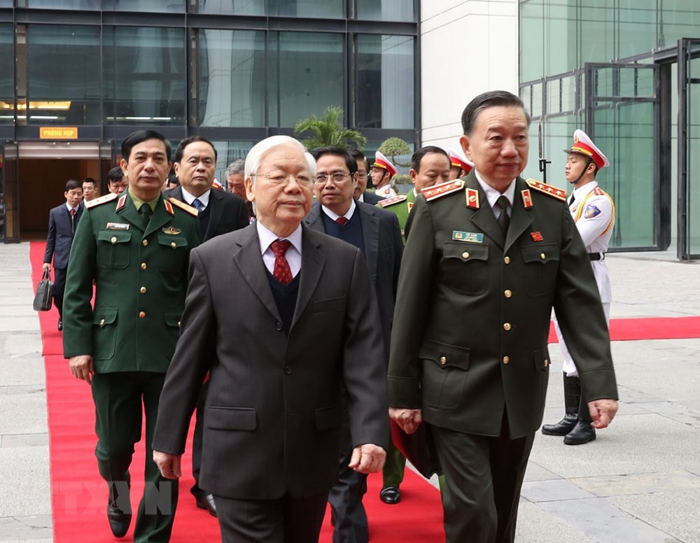 Sáng 3-1, tại Hà Nội, Tổng Bí thư, Chủ tịch nước Nguyễn Phú Trọng, Ủy viên Ban Thường vụ Đảng ủy Công an Trung ương đến dự Hội nghị Công an toàn quốc lần thứ 74.